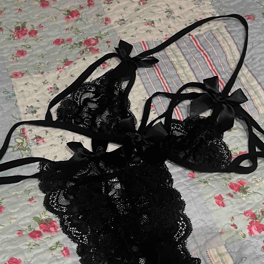 Ribbon Accent Plain Lace Bralette + Thongs - Image 4