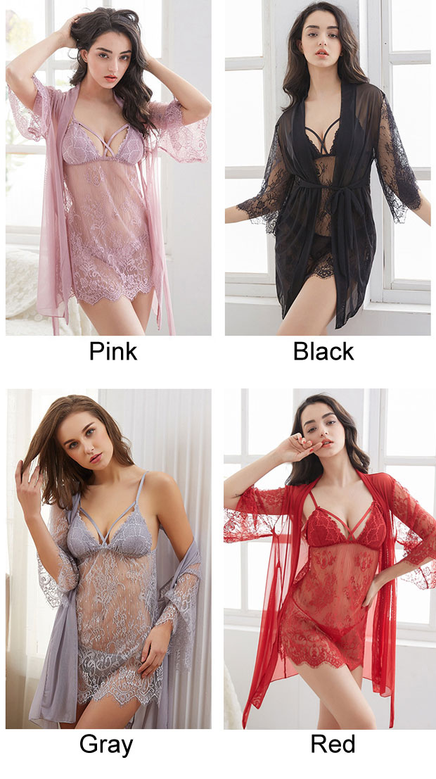 Babydoll Mesh Robe 3 Piece Set Underwear Sleepwear - Image 3