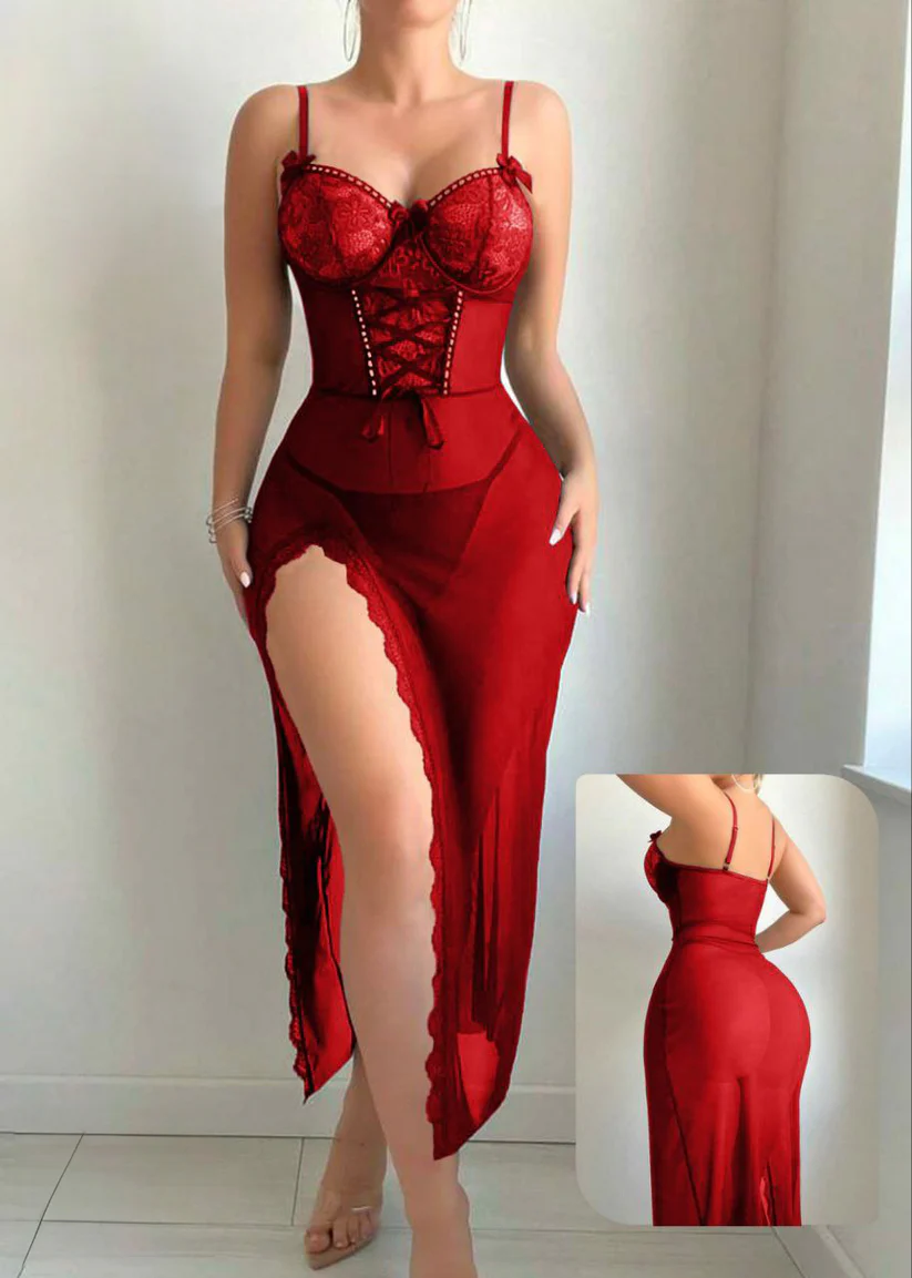 2pcs Set High Slit Contrast Lace Lingerie Gown & Thong - Image 8