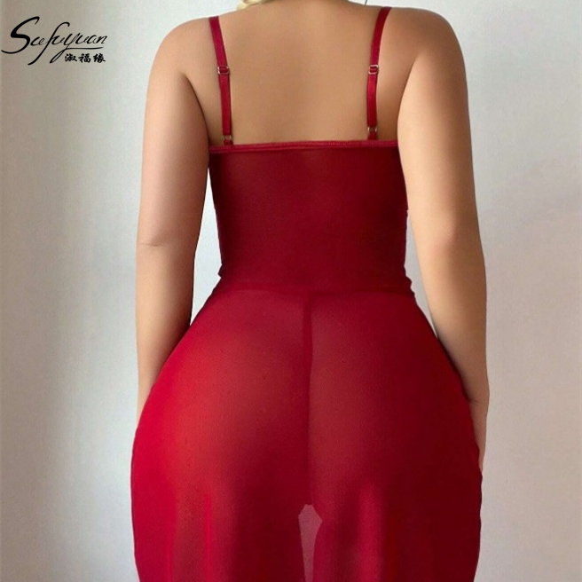 2pcs Set High Slit Contrast Lace Lingerie Gown & Thong - Image 9