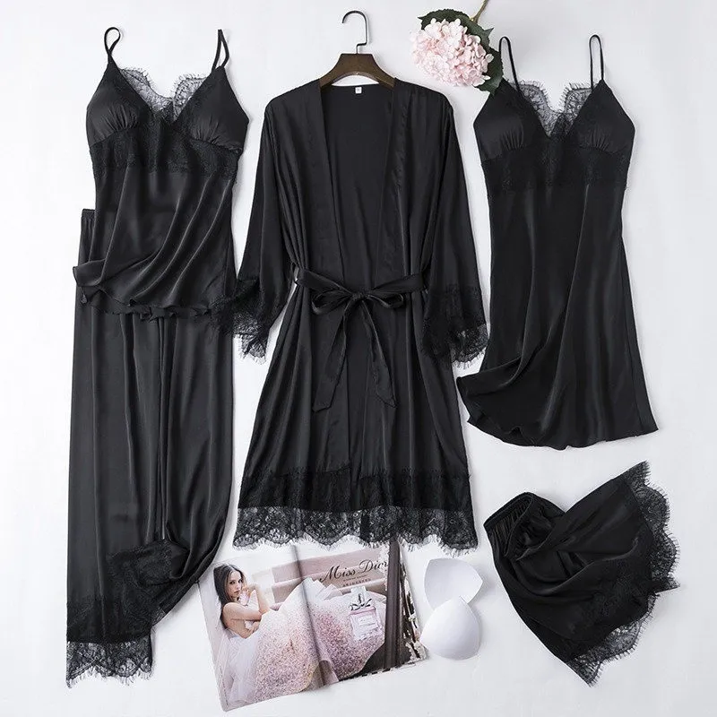 Full Slip Lace White Silk Pajamas Set Women 5PCS - Image 12