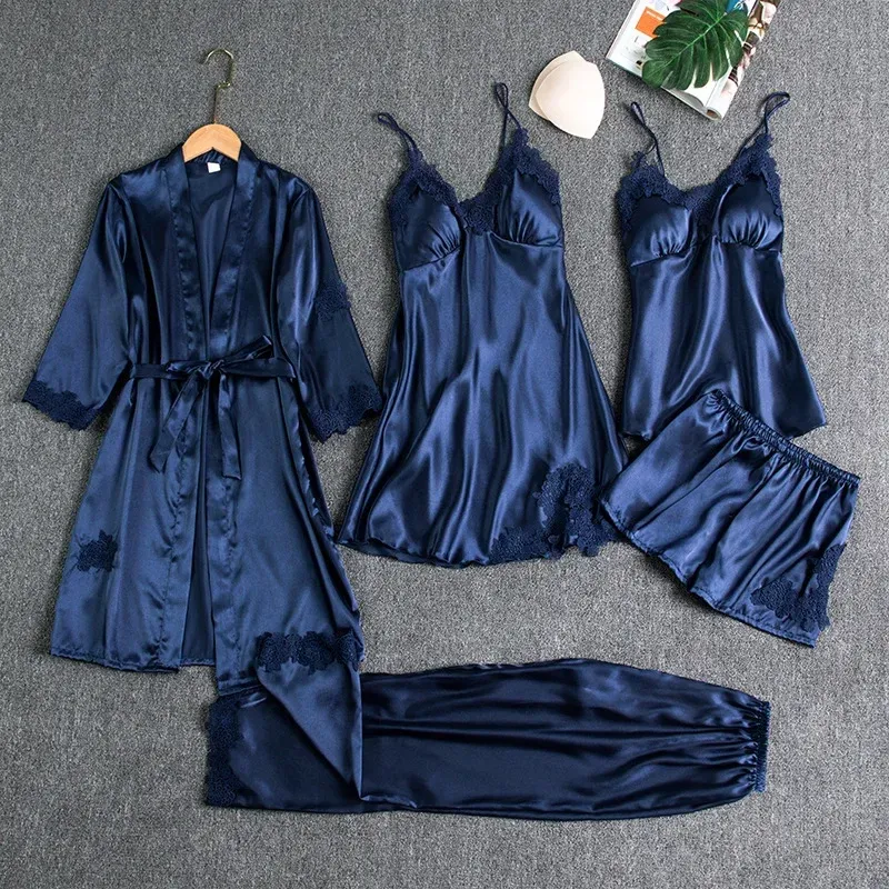 Full Slip Lace White Silk Pajamas Set Women 5PCS - Image 10