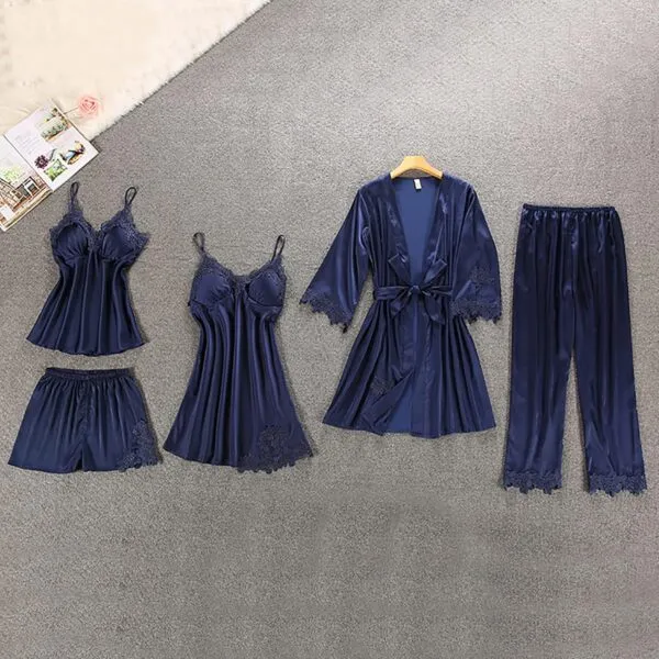 Full Slip Lace White Silk Pajamas Set Women 5PCS - Image 9