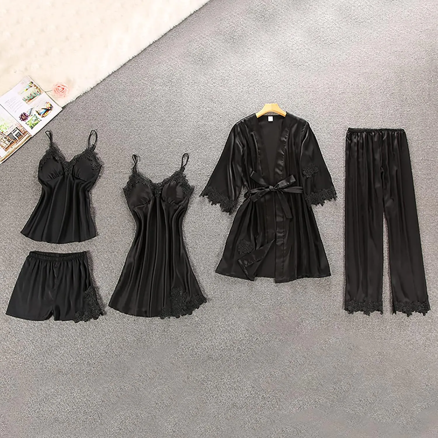 Full Slip Lace White Silk Pajamas Set Women 5PCS - Image 8