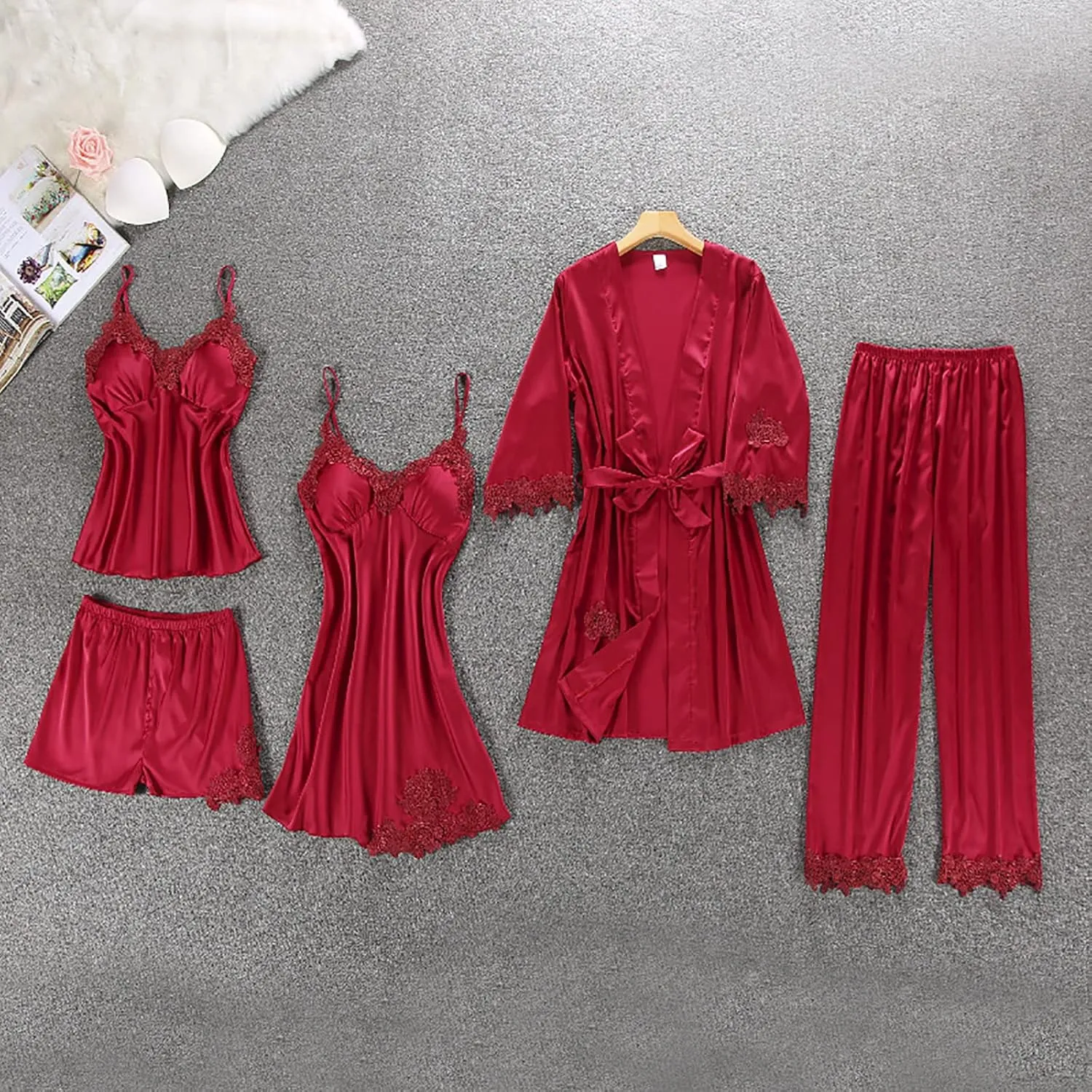 Full Slip Lace White Silk Pajamas Set Women 5PCS - Image 7