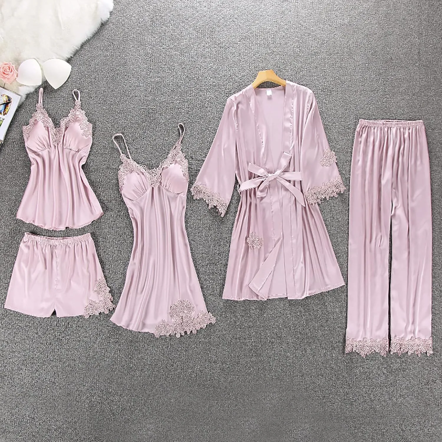 Full Slip Lace White Silk Pajamas Set Women 5PCS - Image 6