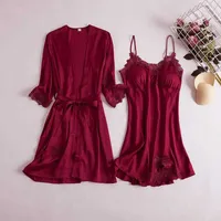 Full Slip Lace White Silk Pajamas Set Women 5PCS - Image 3