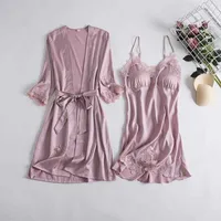 Full Slip Lace White Silk Pajamas Set Women 5PCS - Image 4