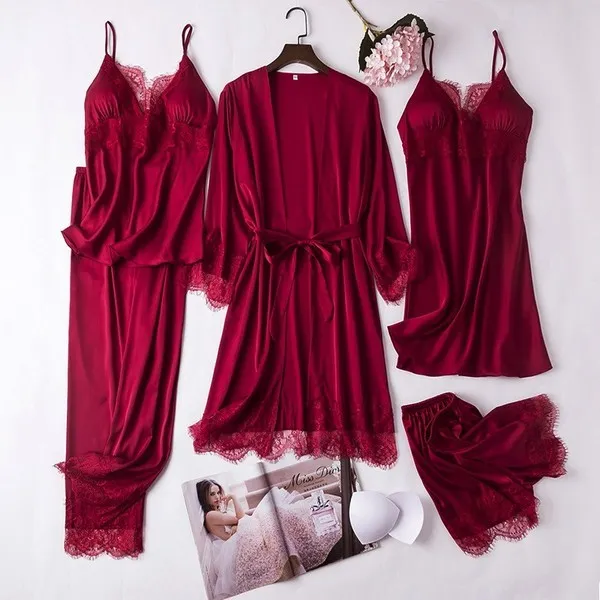 Full Slip Lace White Silk Pajamas Set Women 5PCS - Image 2
