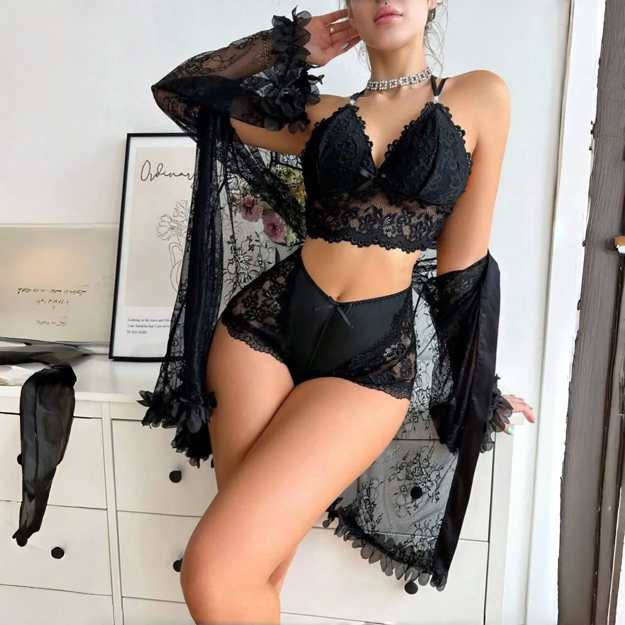 3-Piece Lace Nighty Set Floral - Image 9